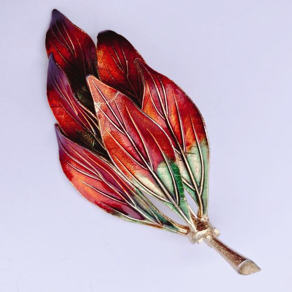 VTG Mid Century Enamel Leaf Brooch Gold Tone Autumn Pin 1950s Jewelry - Picture 3 of 10